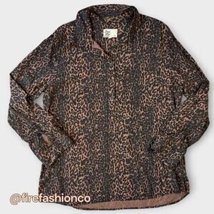 Cosmic Blue Love Boho Animal Print Button-Up Blouse Brown Black XXL Rayon